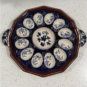 Temptations Deviled Egg Plate Tray Floral Blue Brown Border Dishwasher Safe EUC